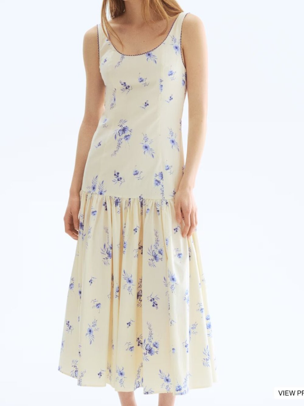 Long Cotton Floral Printed Midi Dress with Drop Waist - Cream with Blue Flowers